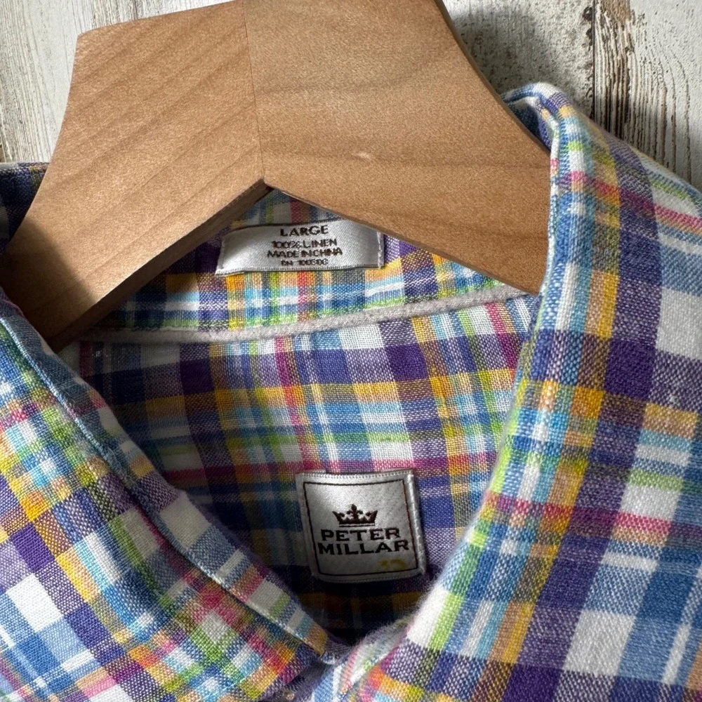 Peter Millar Crown Crafted Plaid Pastel 100% Linen Button Up Shirt Mens Size L‎